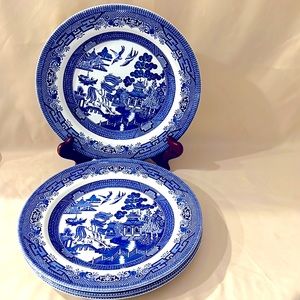 SET OF 4 Churchill Blue Willow Dinner Plates 10 3/8" Vintage England A1257